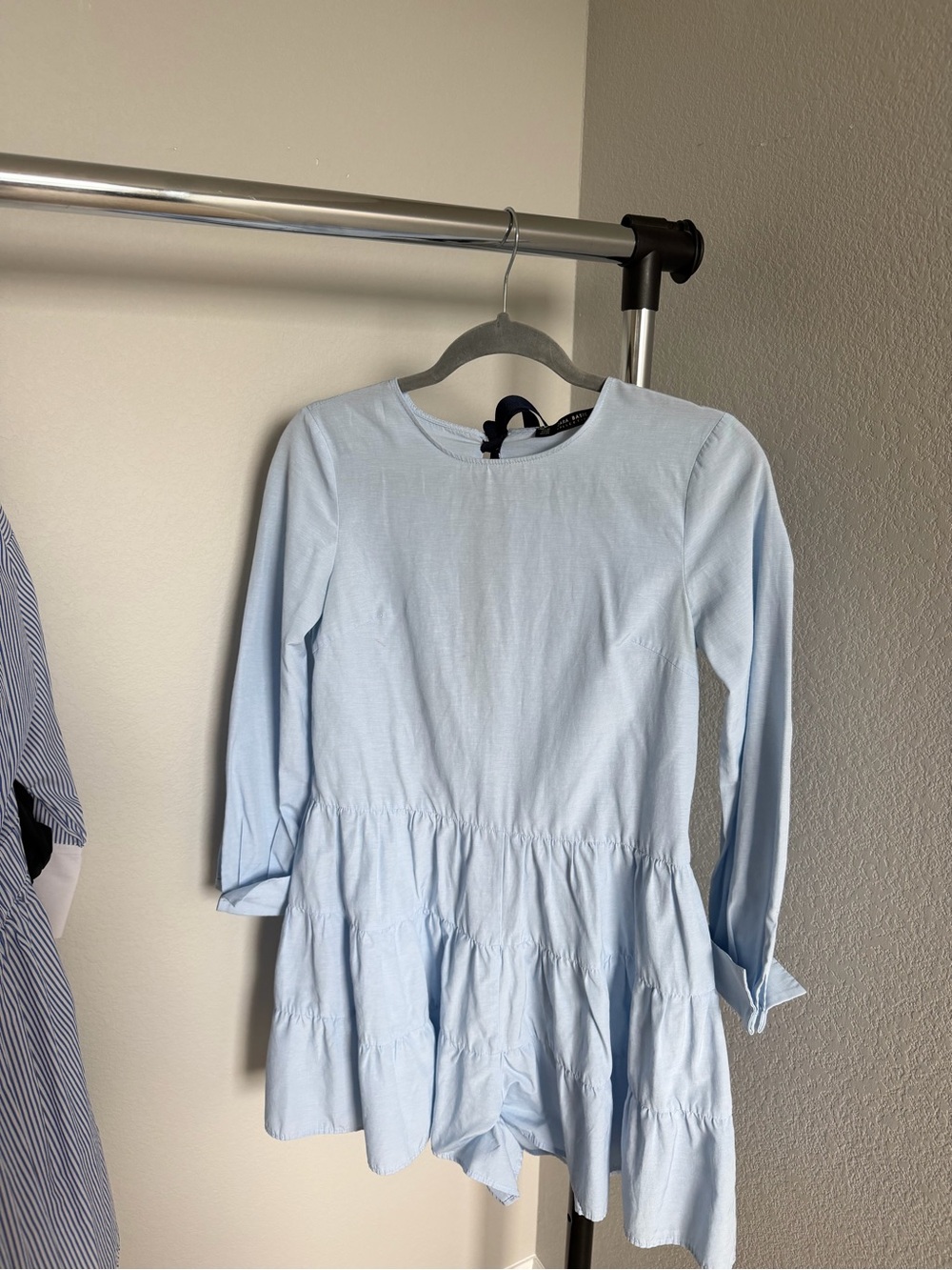 Zara Long-Sleeve Tiered Romper in Light Blue